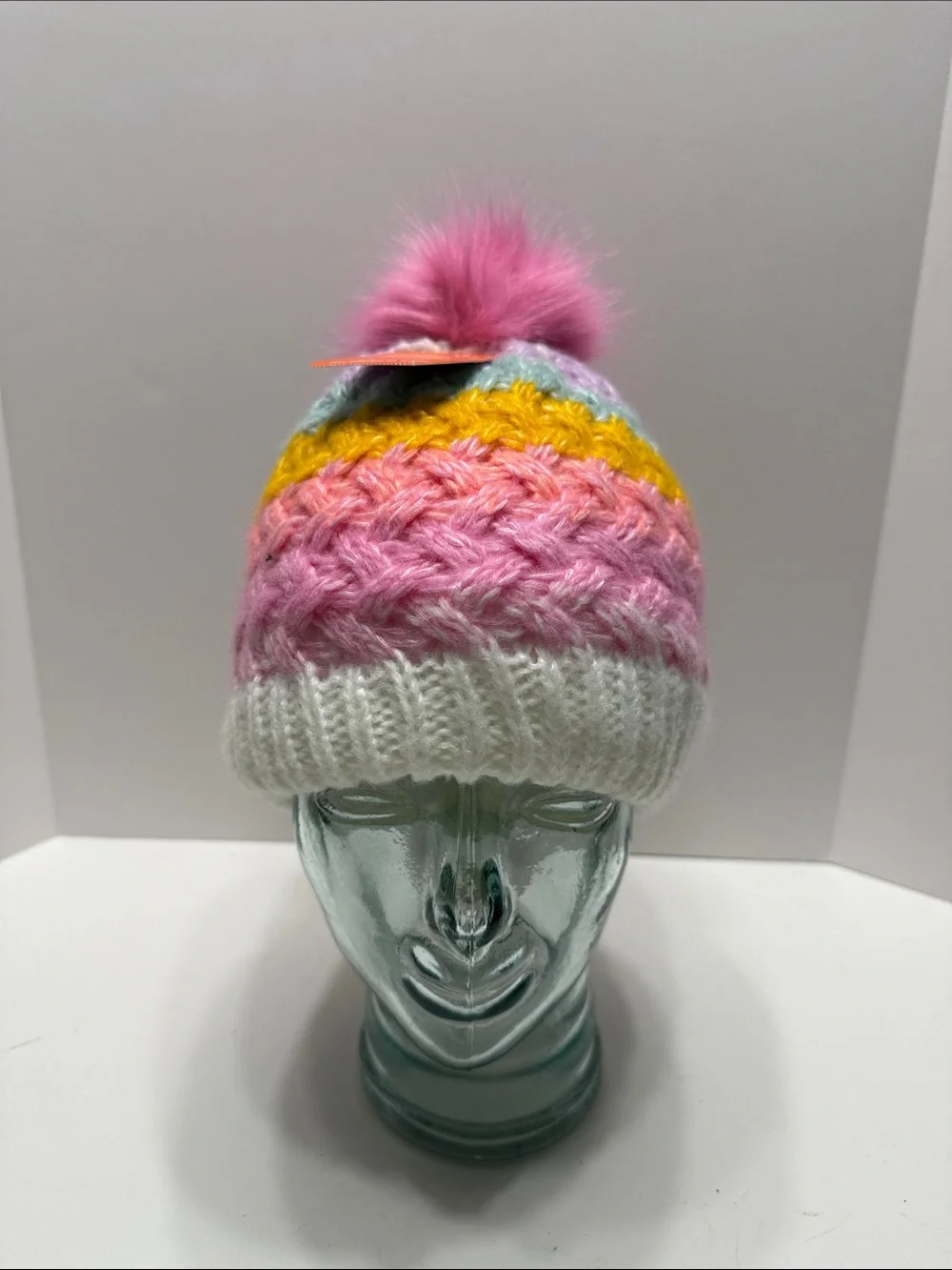wonder nation Pink Multicolor Knit Pom Beanie with Faux Fur Pom